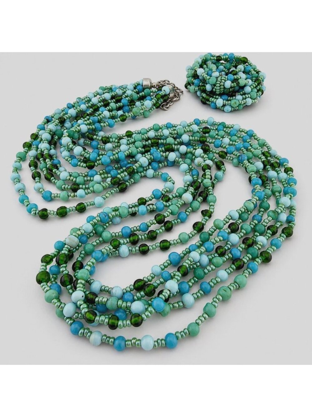 Vintage Multi 6 Strand Green Blue Glass Beads Necklace Bracelet Set Coastal Boho